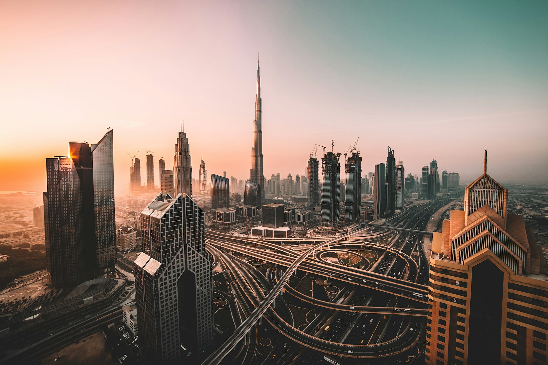 Dubai skyline at golden hour with Burj Khalifa
